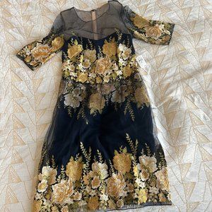 Navy Marchesa Notte Dress w/ Gold Flowers